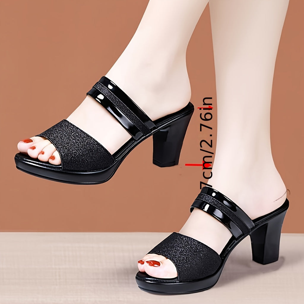 Women's Gold Fish Mouth High Heel Slippers with Thick Block Heel Large Size Outdoor