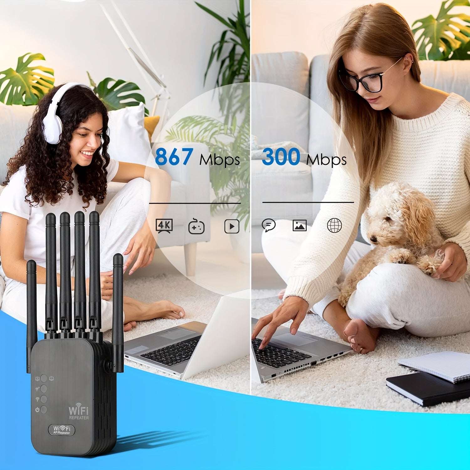 WiFi Extender with 6 Antennas Ethernet Port 2-in-1 Router for Home Office and Commercial Use