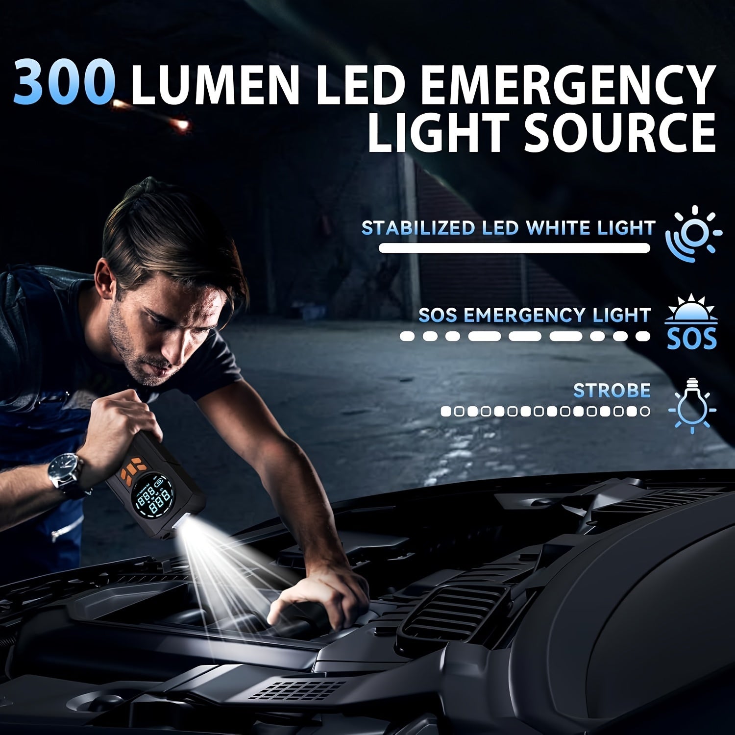 5-в-1 Автомобильный стартер с воздушным насосом, 150PSI, перезаряжаемая литиевая батарея, 8000mAh, USB питание, квадратная форма, портативное зарядное устройство для автомобильного аккумулятора