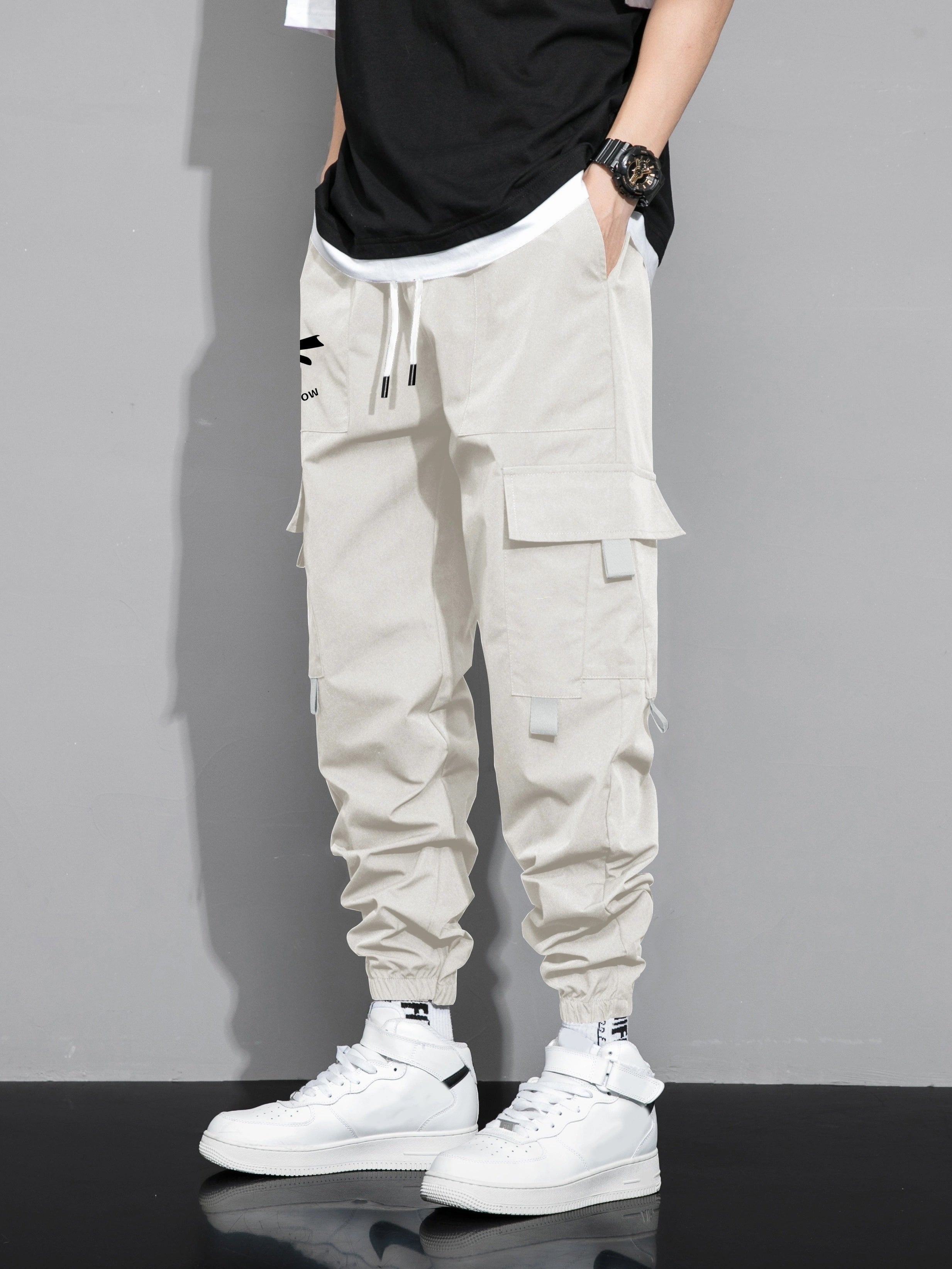 Men's Cargo Pants with Multiple Pockets Polyester Loose Fit Drawstring Waist Casual Outdoor Streetwear
