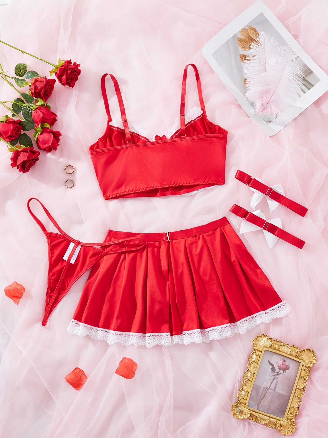 Seductive Lingerie Set with Maid Theme Includes Bra Short Skirt Thong and Pantyhose