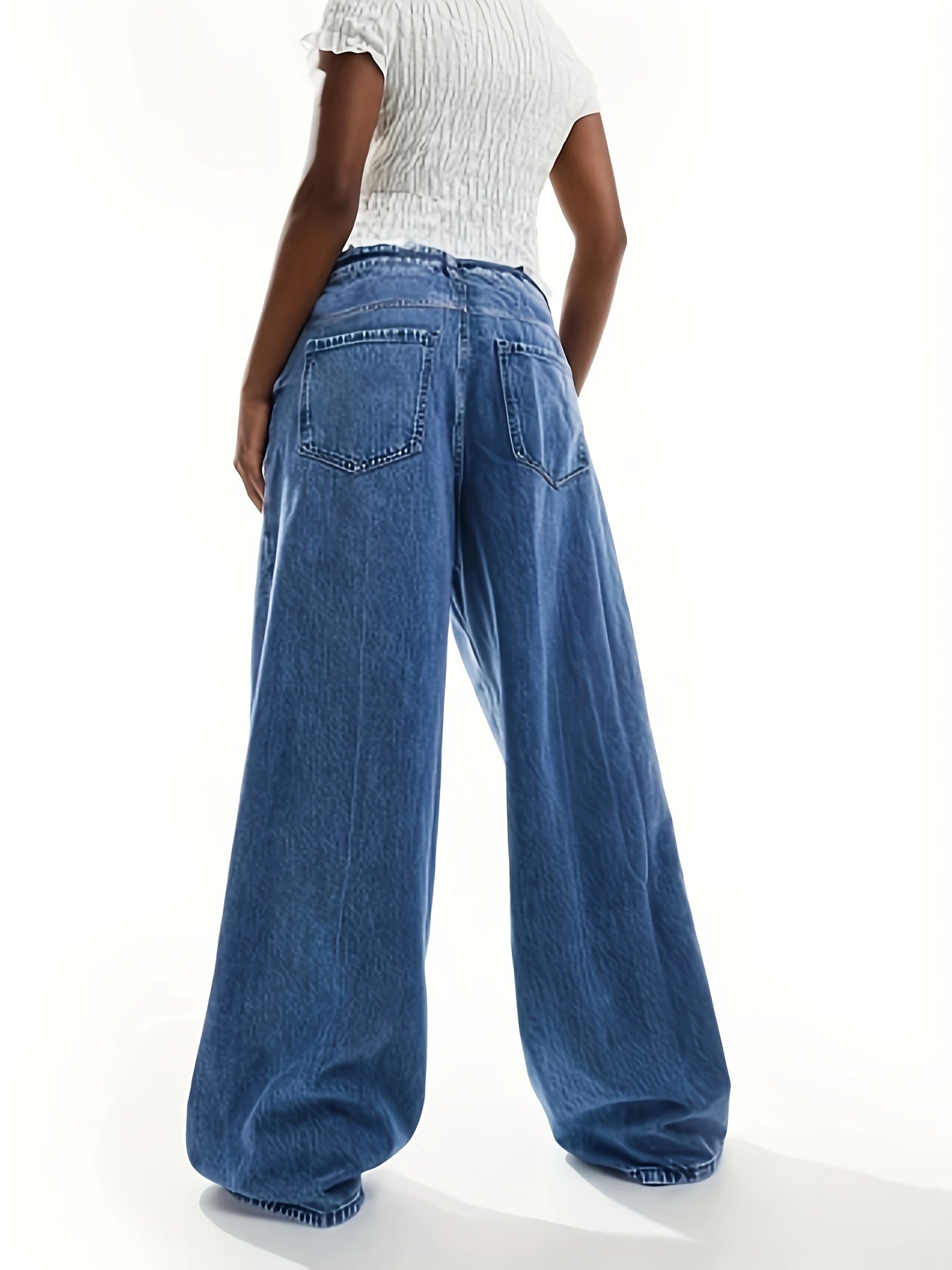 Plus Size High-Rise Wide Leg Denim Jeans Casual Light Blue Rayon Blend