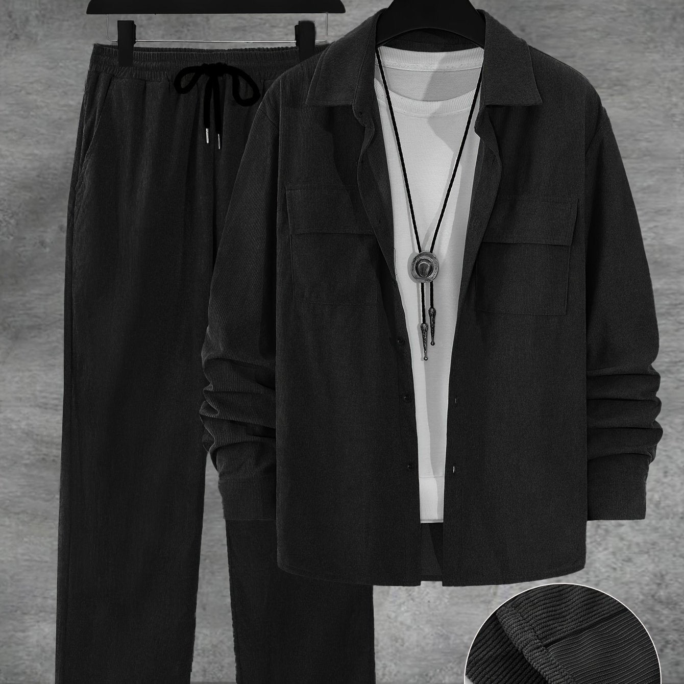 Men's Casual Fall Winter Set Blue Button-Up Shirt Drawstring Pants Outdoor Gift