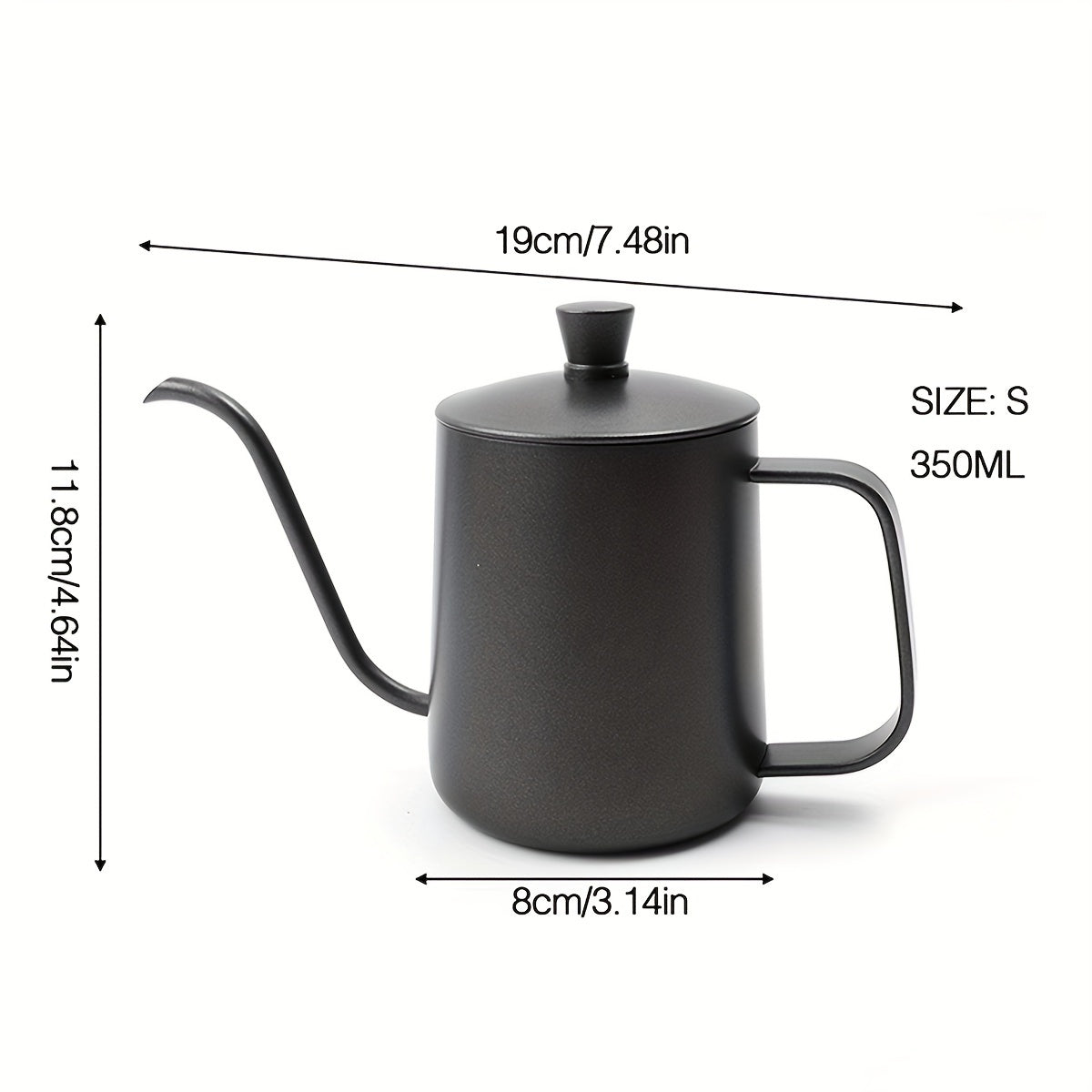 Black Hand-Brew Coffee Pot Stainless Steel with Lid and Slim Spout