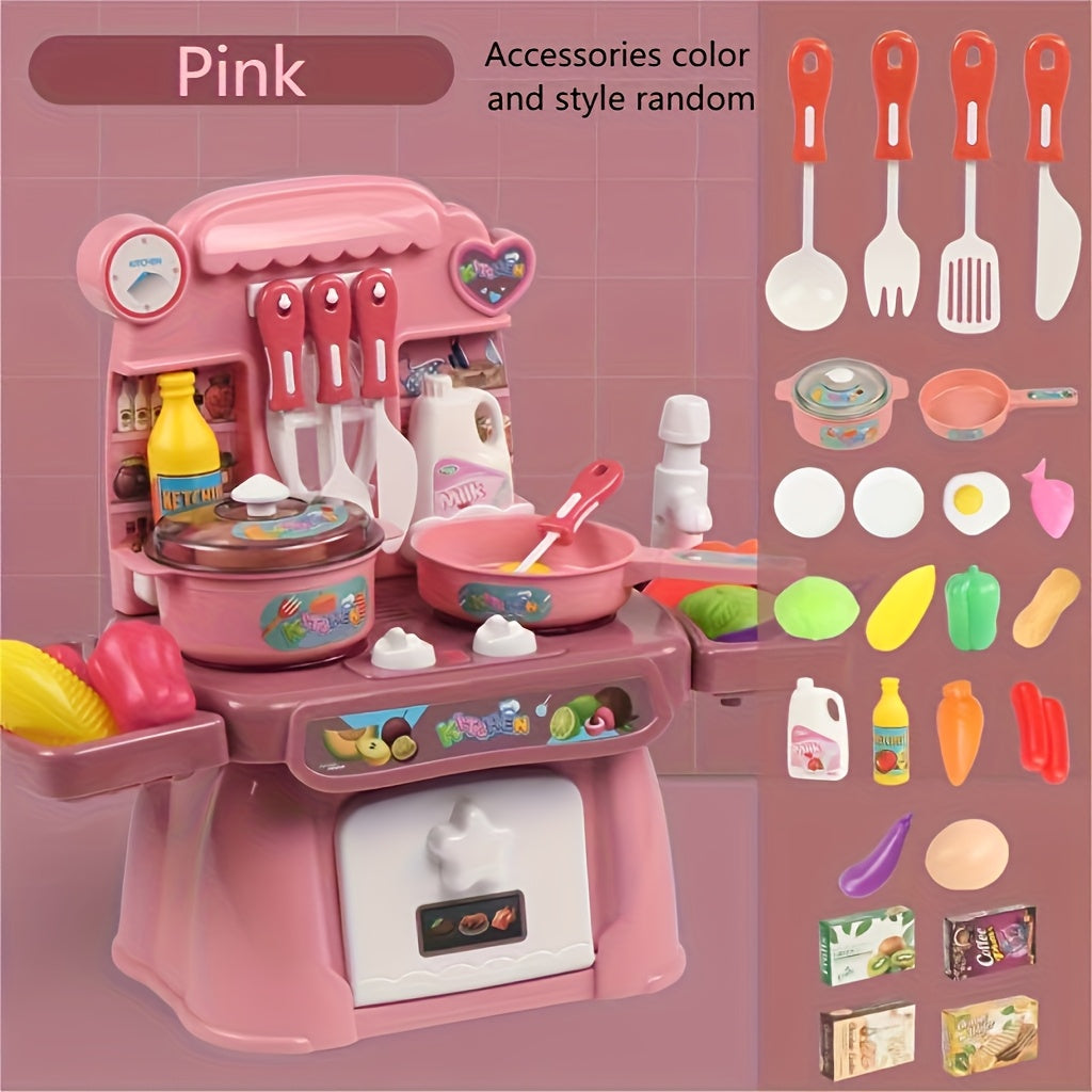 Play Kitchen Set for Kids 3+ Pink Blue Lights Sounds Stove Sink Faux Food
