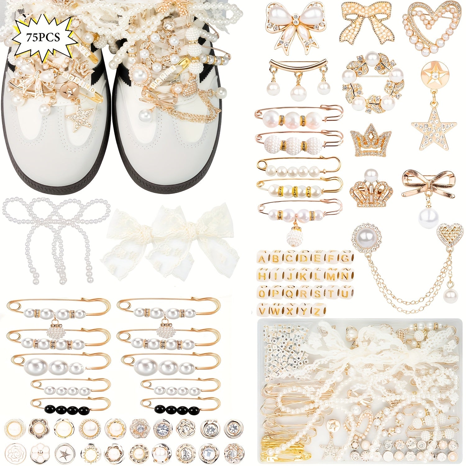 Women Shoe Charms Kit with Bow for Sneakers and Socks, 75 Pieces