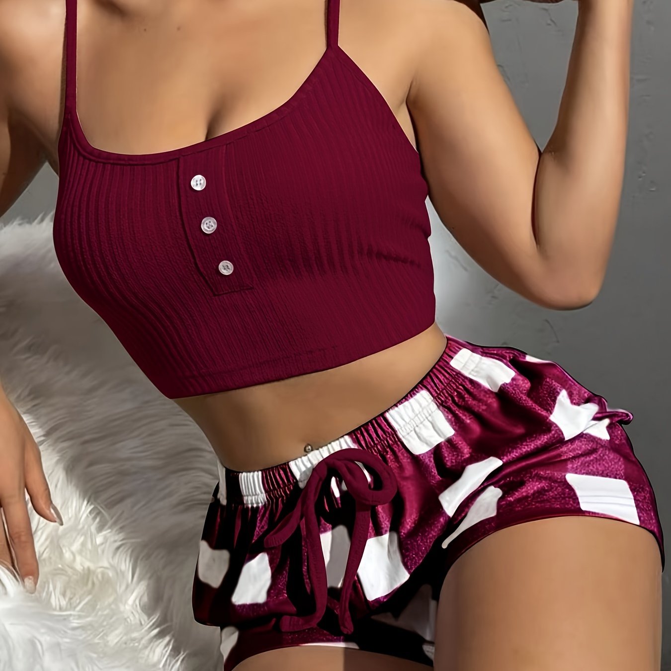 Adult Plaid Polyester Lingerie Set with Button-Up Bra and Shorts