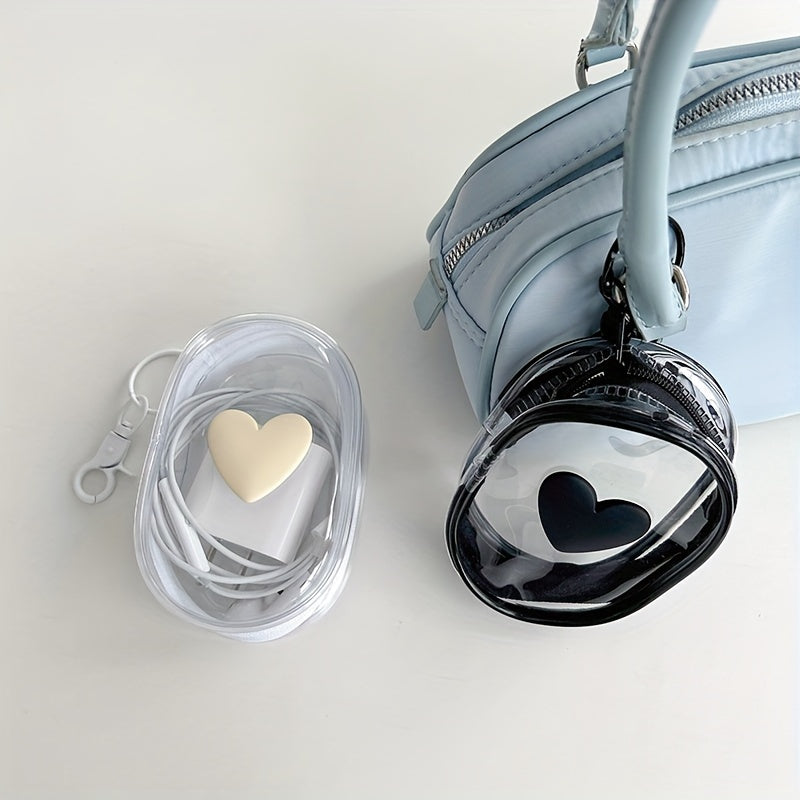 Waterproof Heart-Shaped PVC Cable Organizer Bag with Keychain for Headphones and Accessories