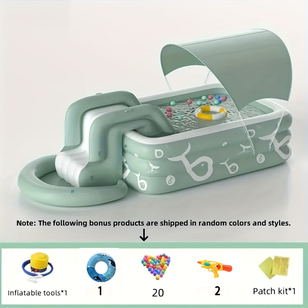 Inflatable Family Pool with Sunshade Slide and Foot Pump
