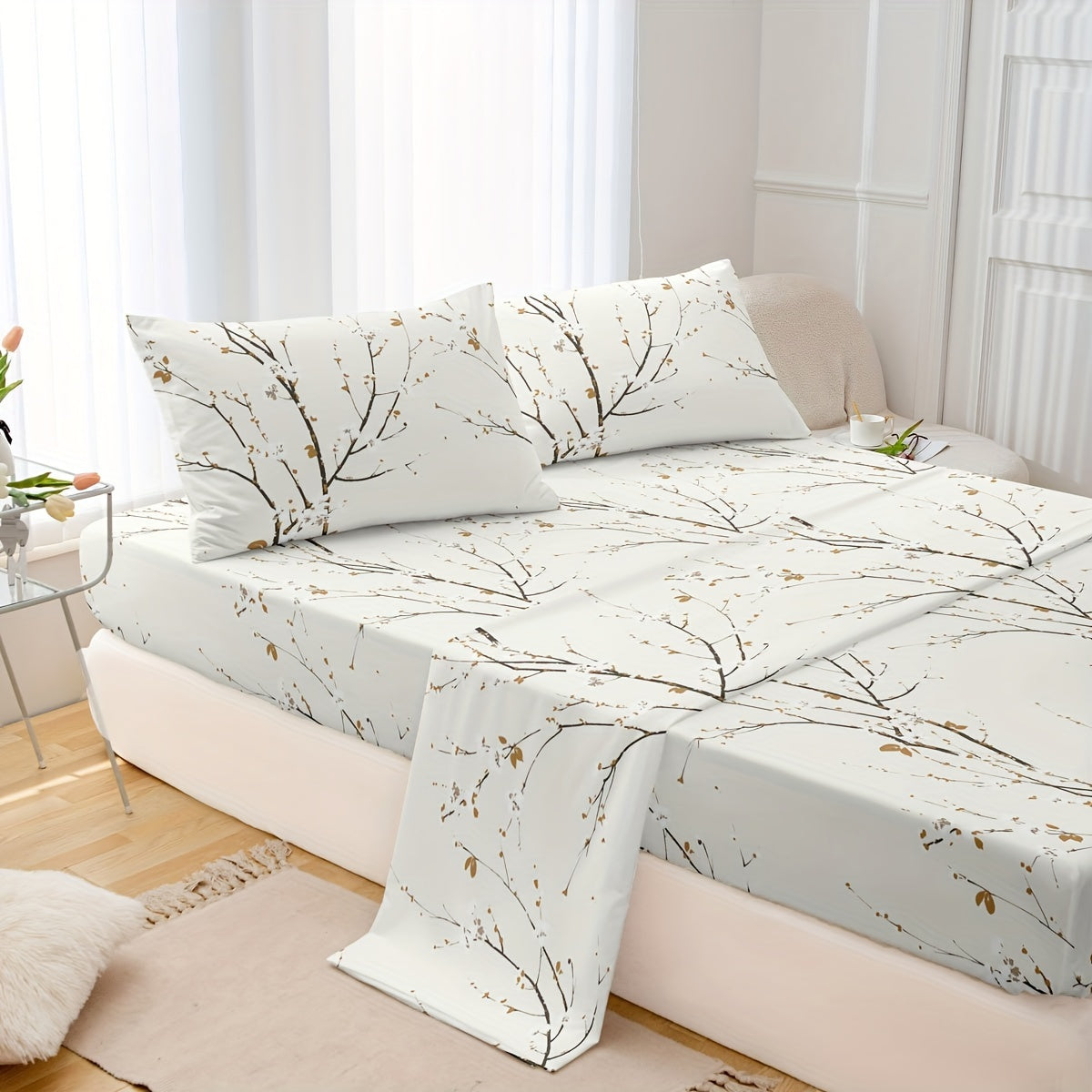 Set of Four Flower Print Fitted Sheets with Pillowcases Breathable Soft Cotton