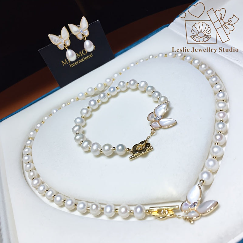 Women's Pearl Jewelry Set Necklace Bracelet Earrings Gift Box