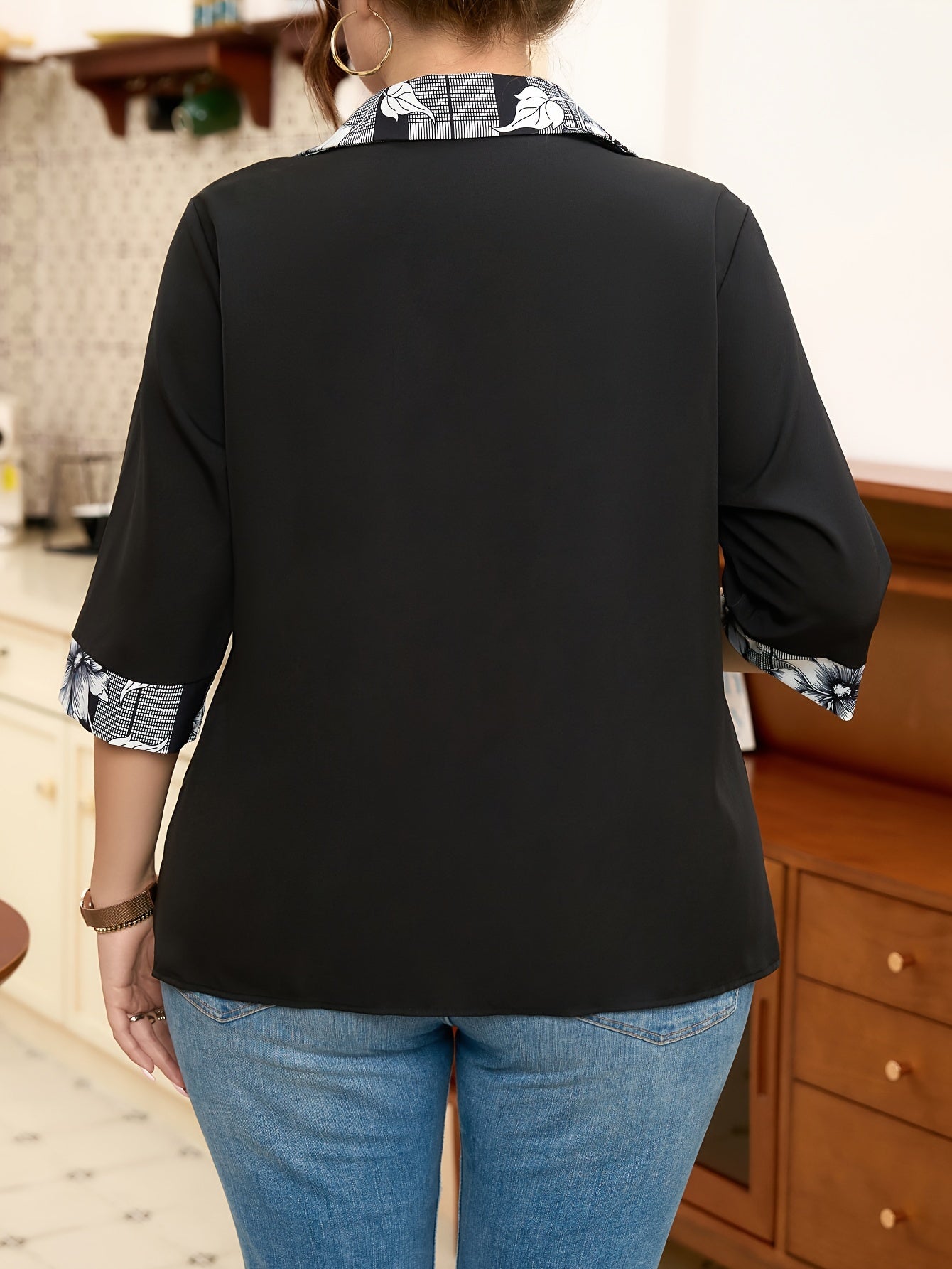 Plus Size Floral Patchwork Shirt with Button Front 3/4 Sleeve for Spring Fall Women