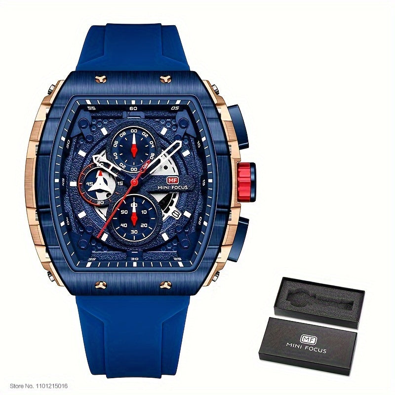 Women's Mini Focus Chronograph Quartz Watch Tonneau Pointer Silicone Strap Auto Date