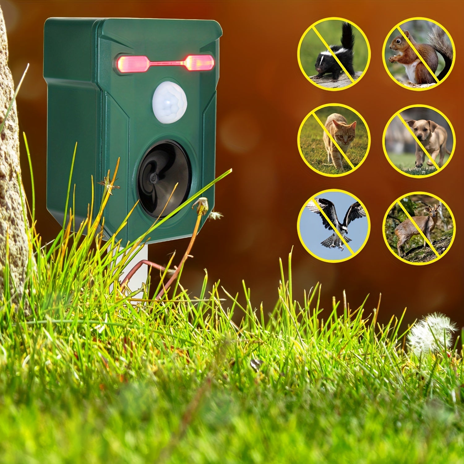 Outdoor Solar Ultrasonic Animal Repeller with Motion Light Sensor and Adjustable Sound and Flashing LED Lights