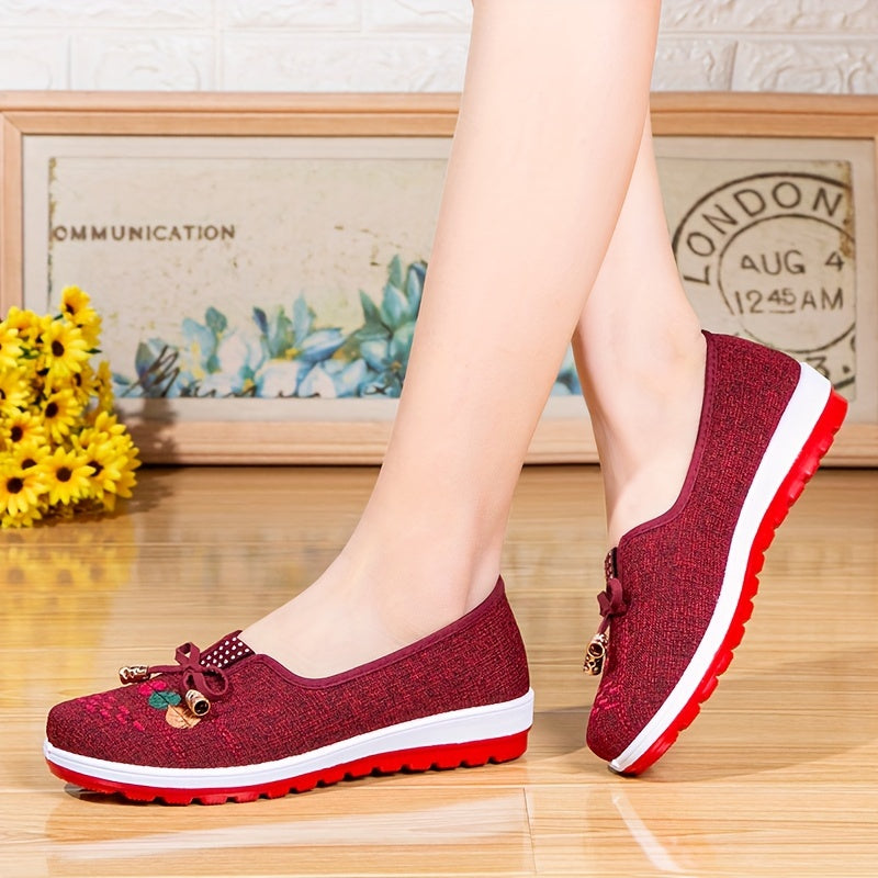 Women's Floral Embroidered Canvas Flats with Bowknot Detail for Comfort
