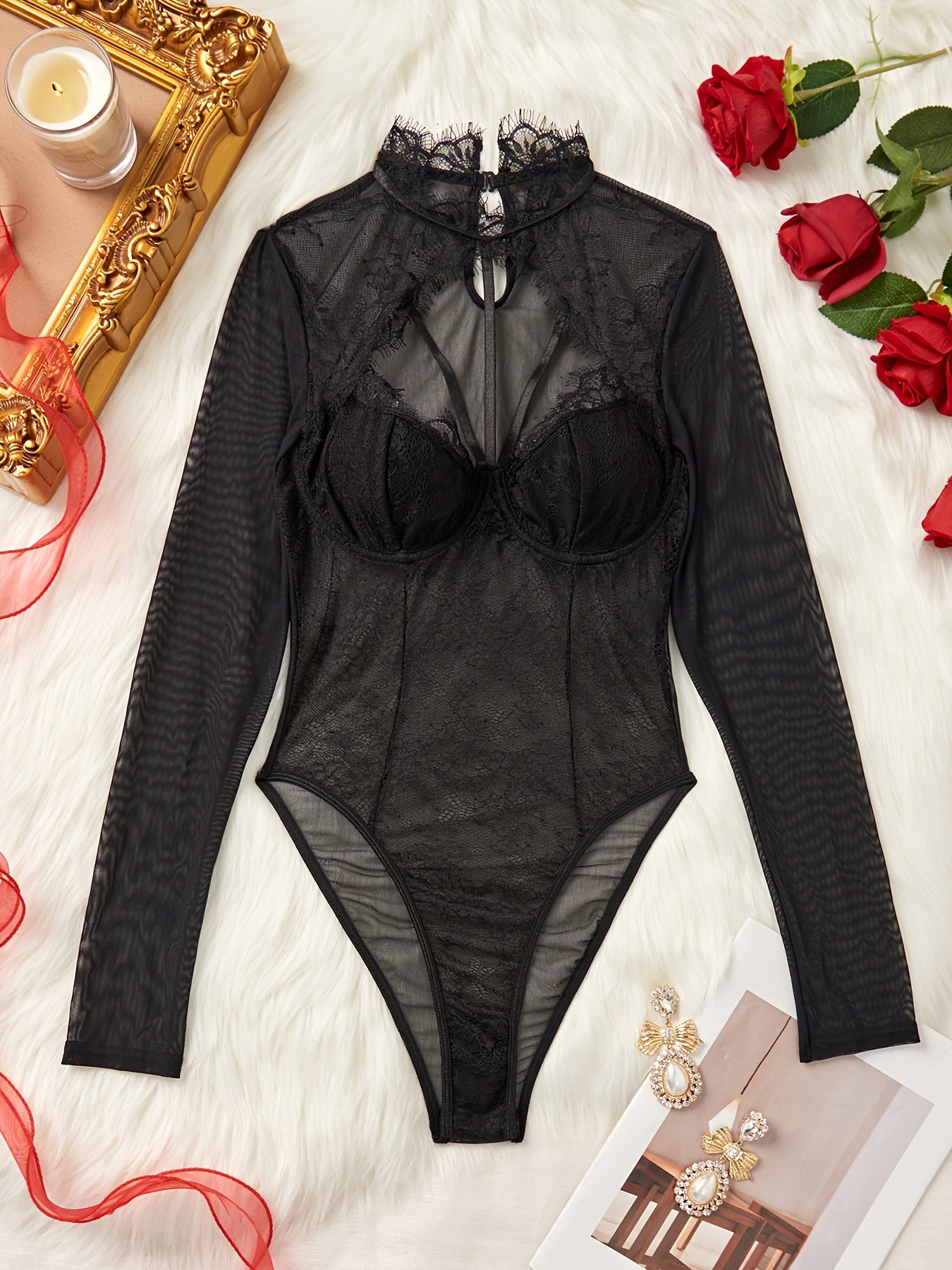 Women's Long Sleeve Mesh Teddy Lingerie with Lace Trim