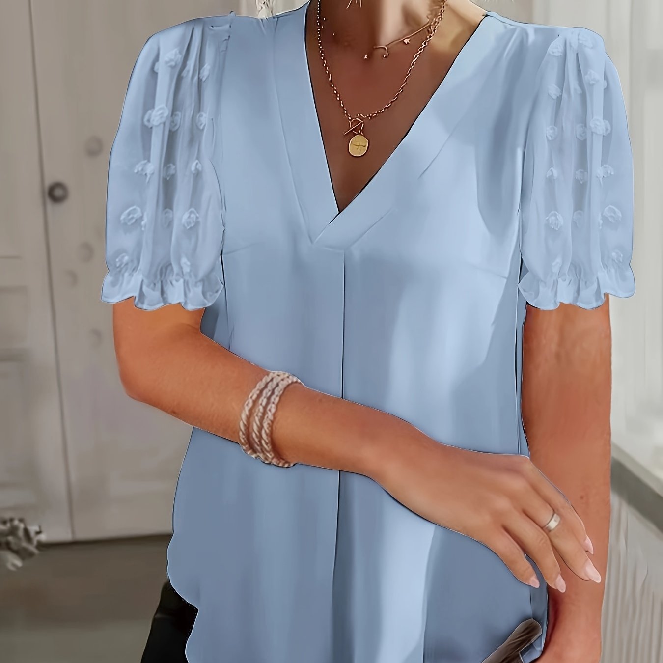 Women's Swiss Dot Mesh V-Neck Blouse Short Sleeve Lace Trim Summer White