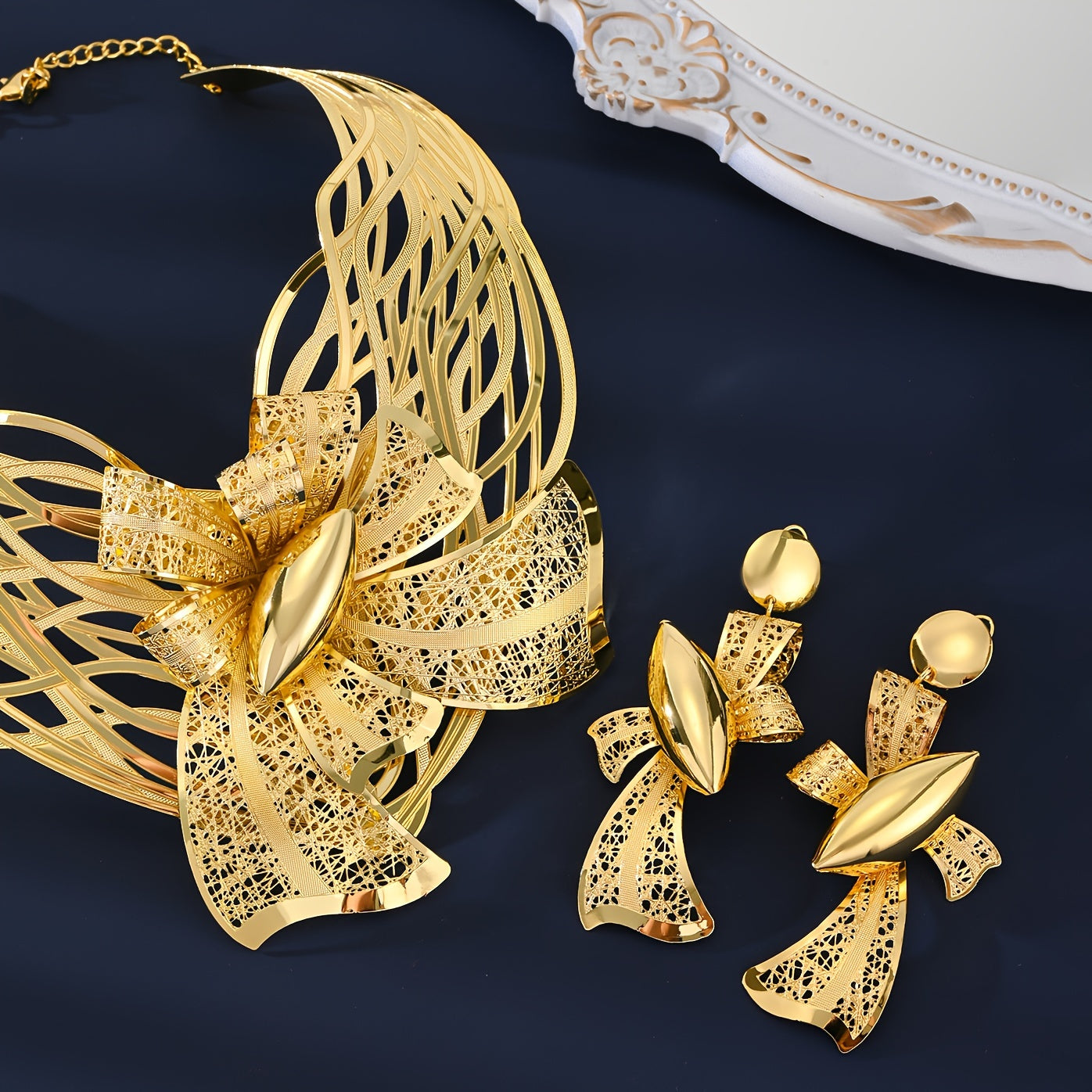 Set of 4 Brass Jewelry Pieces Big Flower Necklace Earrings Bracelet Ring 18k Gold Plated Women Party Wedding