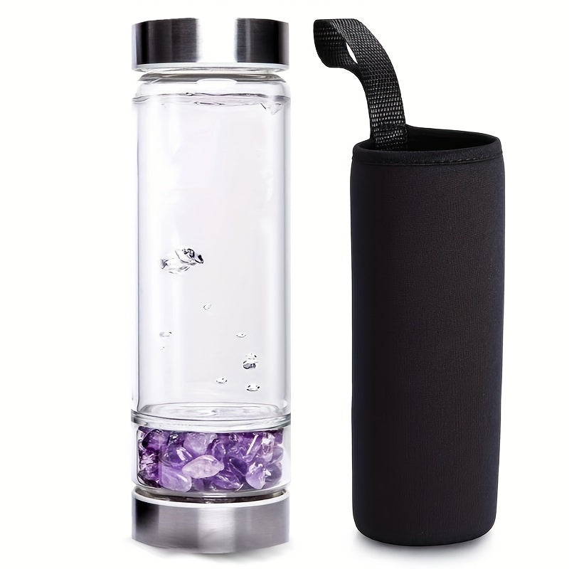 Glass Water Bottle with Amethyst Insert and Protective Cover