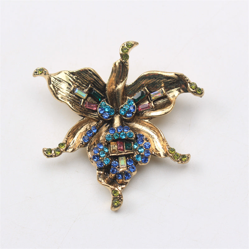 Antique Orchid Brooch Rhinestone Enamel Floral Jewelry for Women