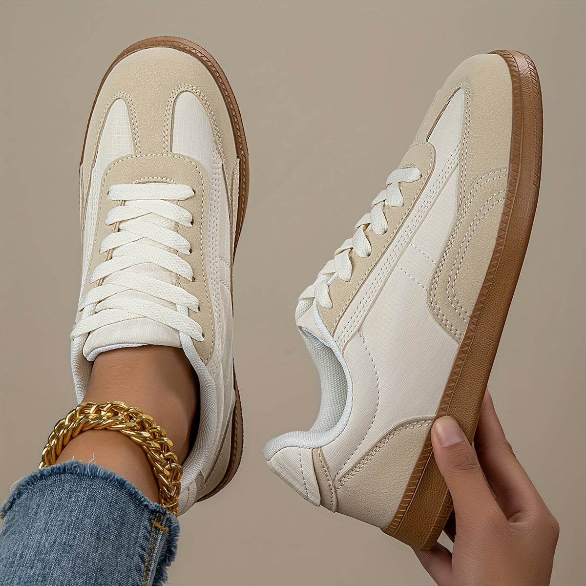 Women's Casual Sneakers Breathable Mesh Non-Slip Low-Top Beige White