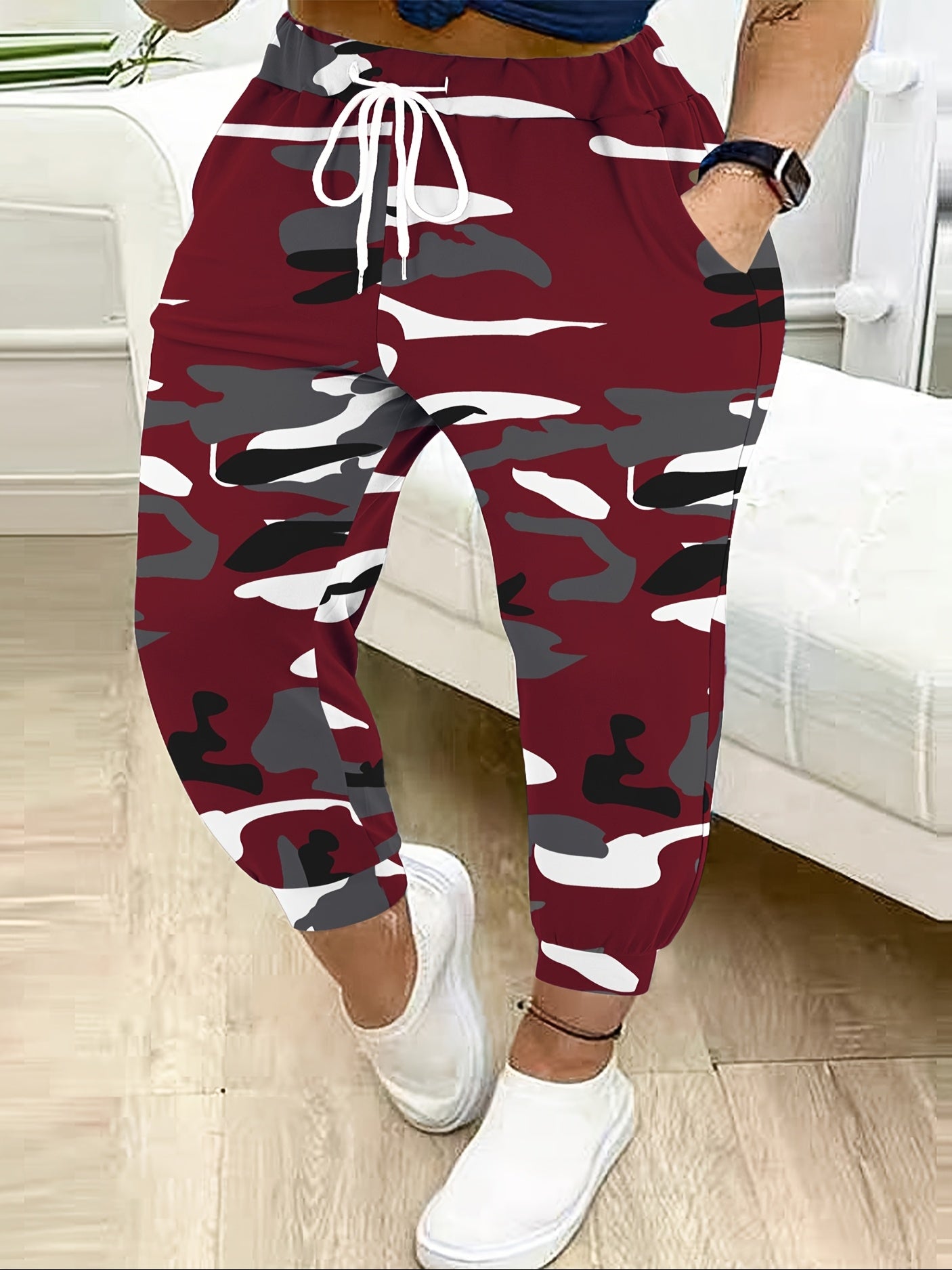 Pantalones jogger de camuflaje para mujer talla plus, pantalones harem casual con cordón, burdeos, gris, negro