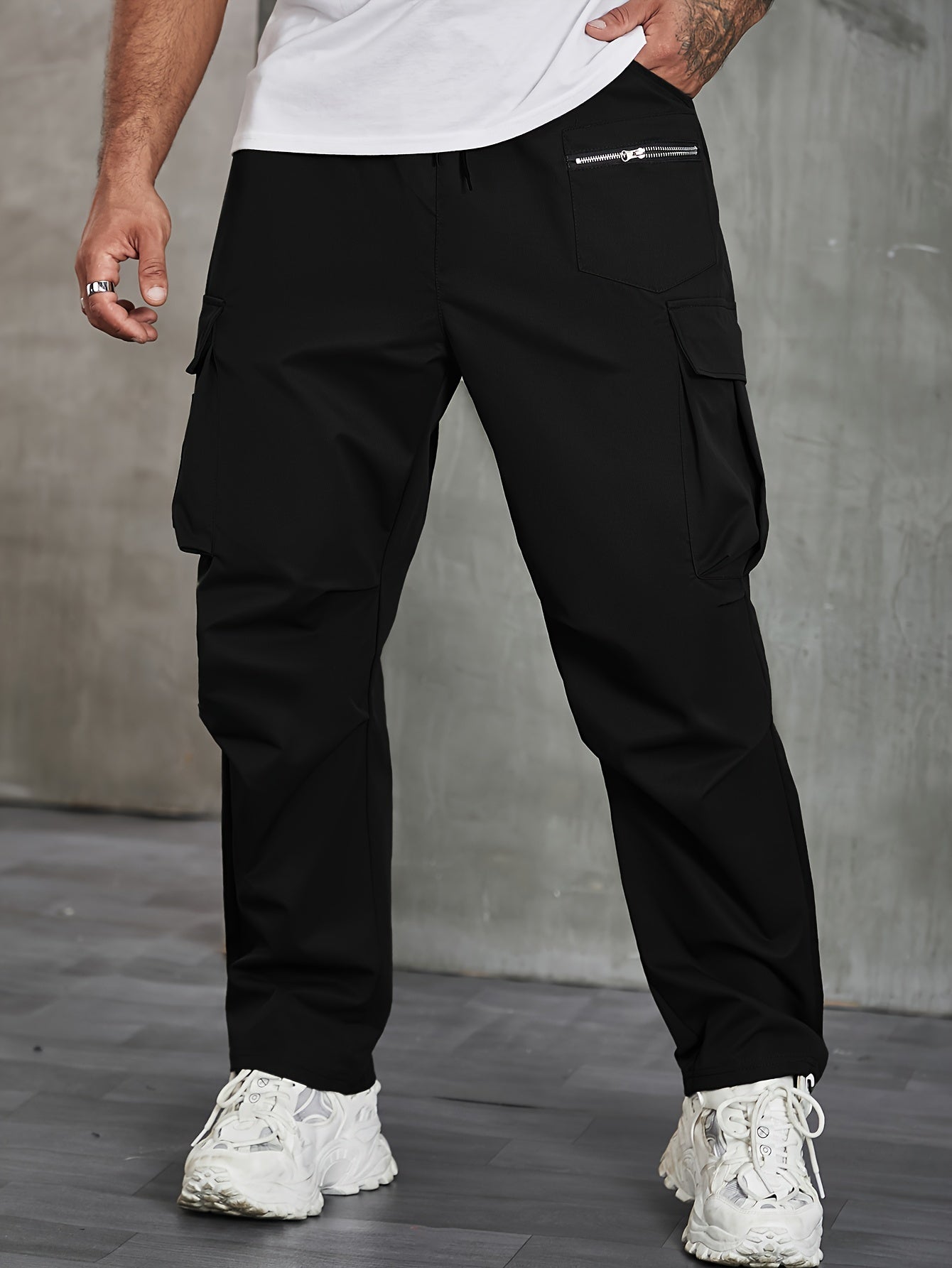 Men's Plus Size Cargo Pants Non-Stretch Polyester Zipper Pockets Drawstring Regular Fit All-Season