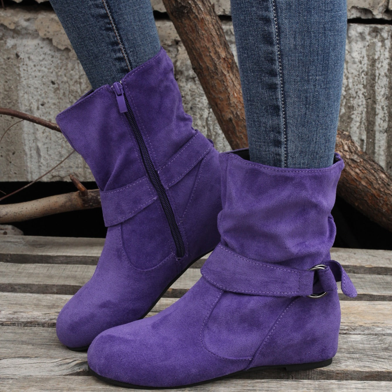 Women's Ankle Boots Solid Color Round Toe Buckle Side Zipper Outdoor Shoes