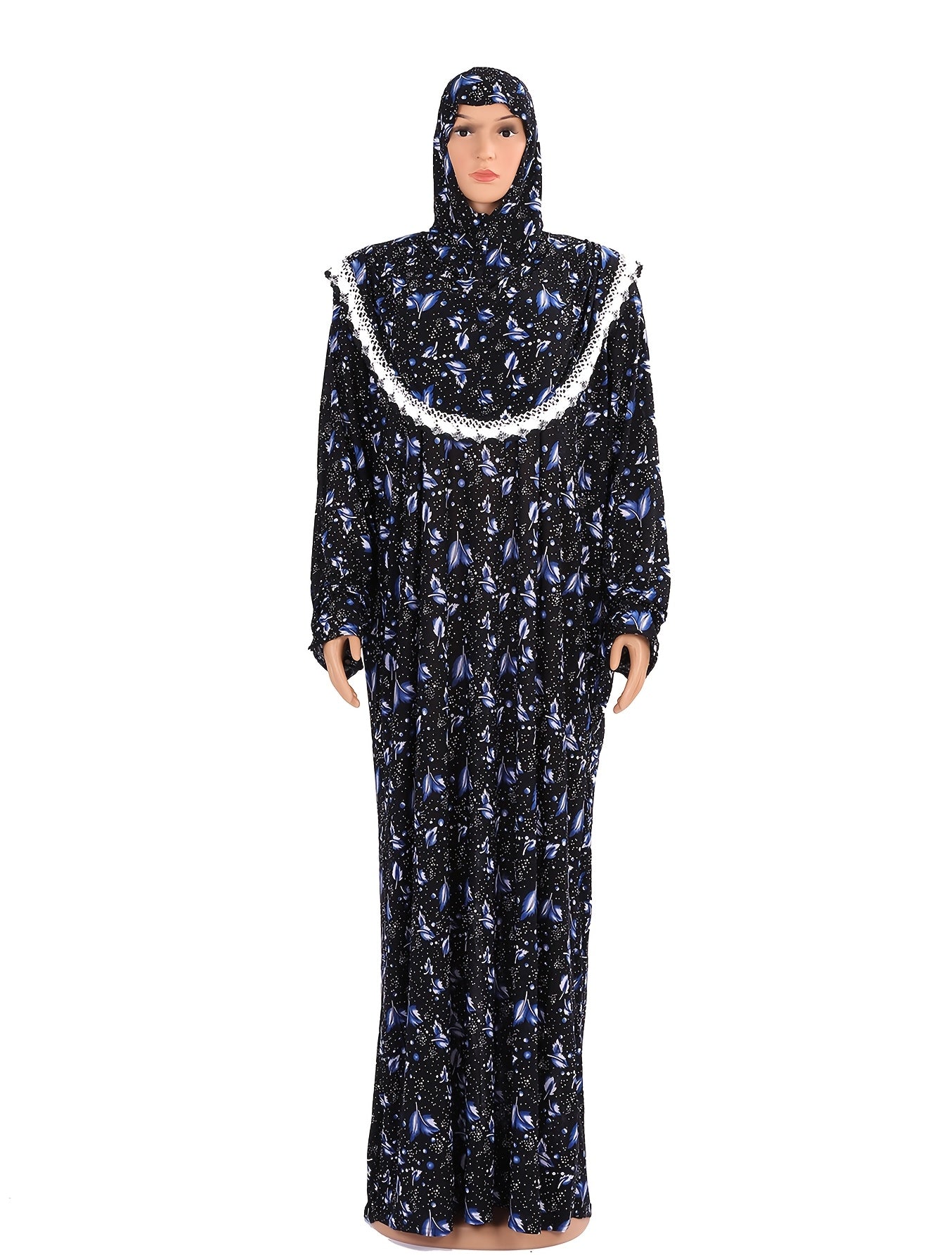Plus Size Muslim Abaya Floral Print Knit Pullover Long Robe