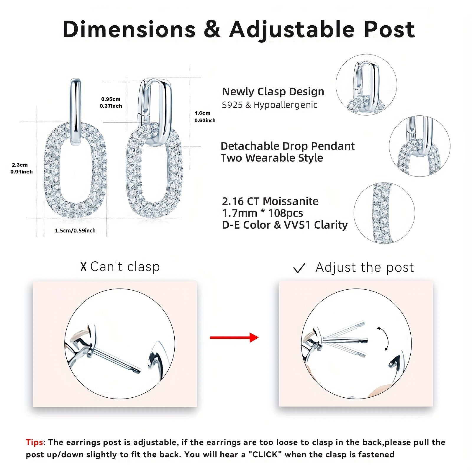 Ushbu zamonaviy dumaloq sirg'alar 925 oltin bilan tayyorlangan va umumiy og'irligi 5.84g. Ular 108 dona 1.7mm Mozambik toshlari va 2 dona 1.08 karat Mozambik toshlari bilan bezatilgan. Sirg'alar ko'p qirrali bo'lib, ikki xil uslubda taqilishi mumkin.