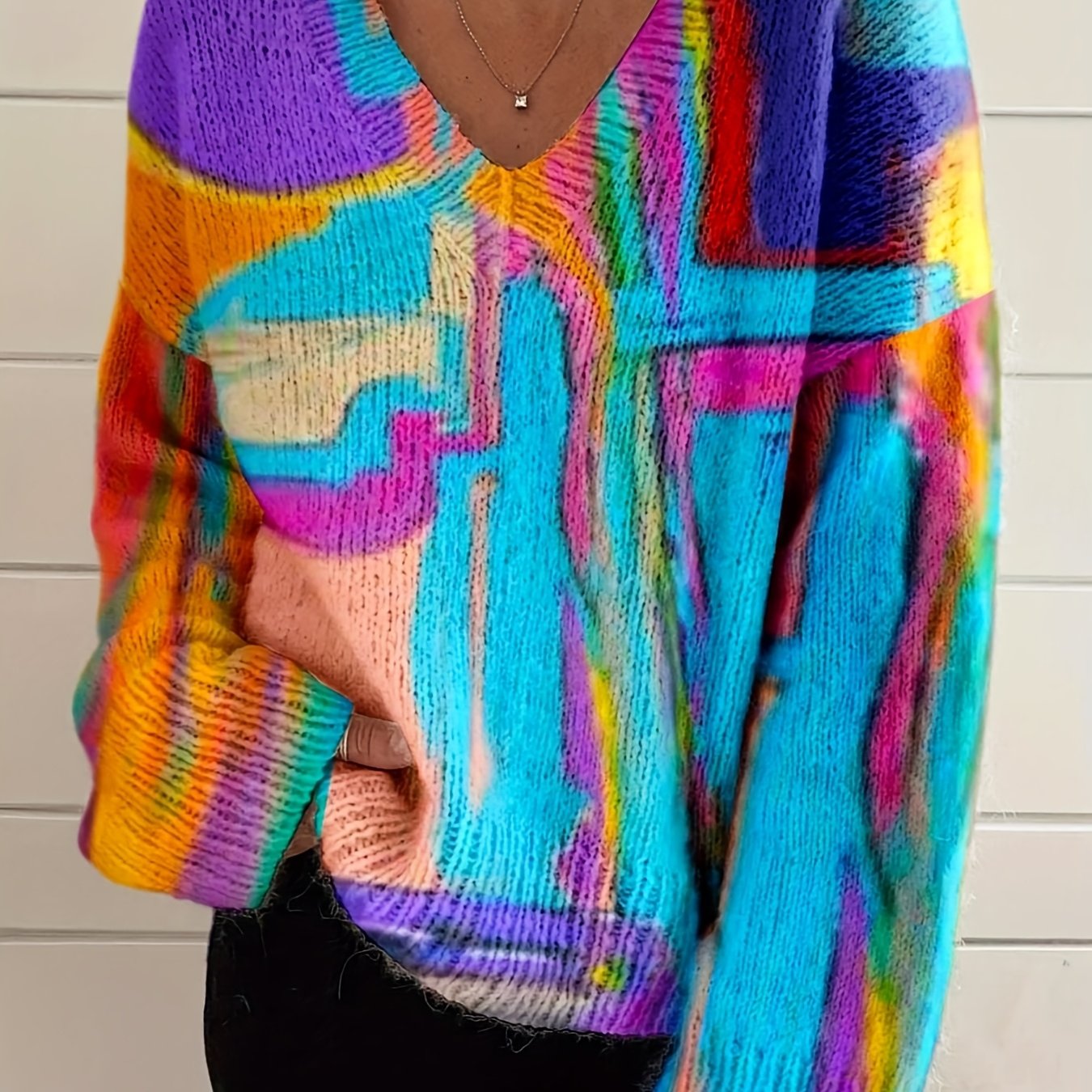 Top de manga larga con escote en V y estampado tie-dye para mujer talla grande, suéter casual oversize