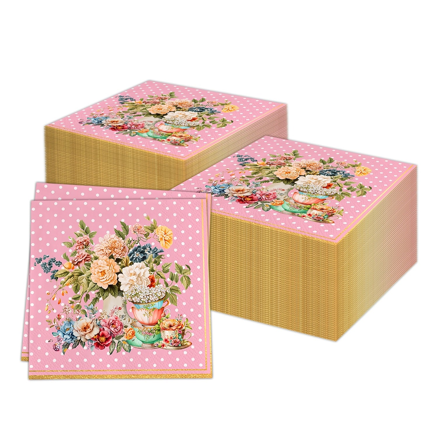 Vintage Floral Paper Napkins Set of 20 Pink Polka Dot Border 2-Ply for Parties Weddings