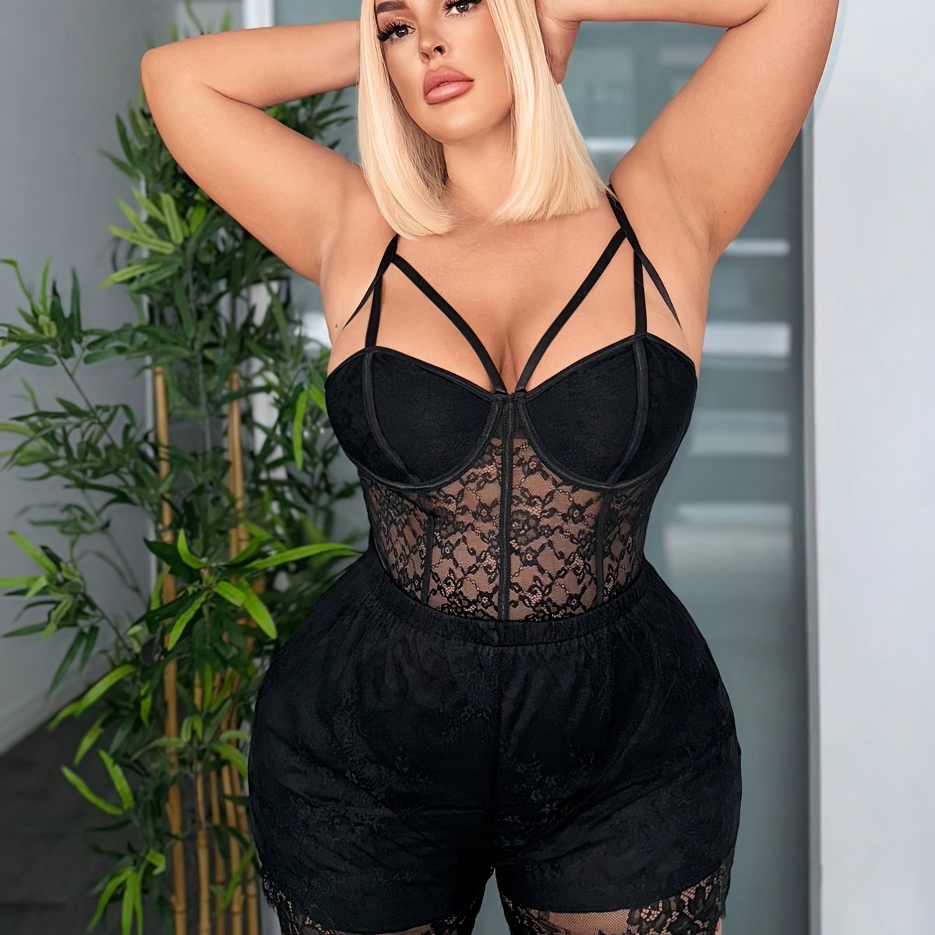 Plus Size Women's Lace-Trimmed Square Neck Jumpsuit Black Stretchy Polyester Spandex