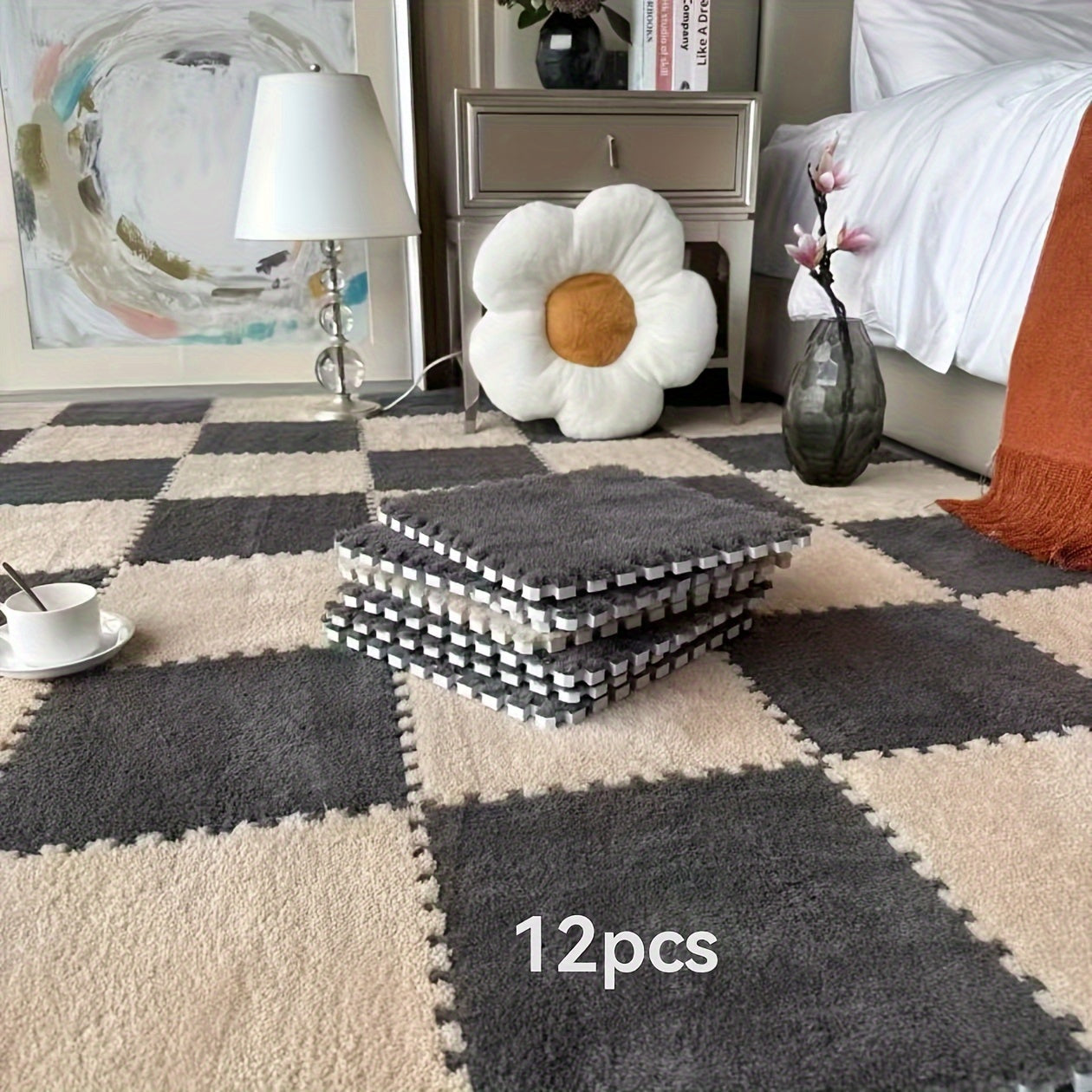 12pcs Square Flower Pattern Plush Area Rugs Set Washable Non-Slip Low Pile Polyester EVA Bedroom Living Room Decor