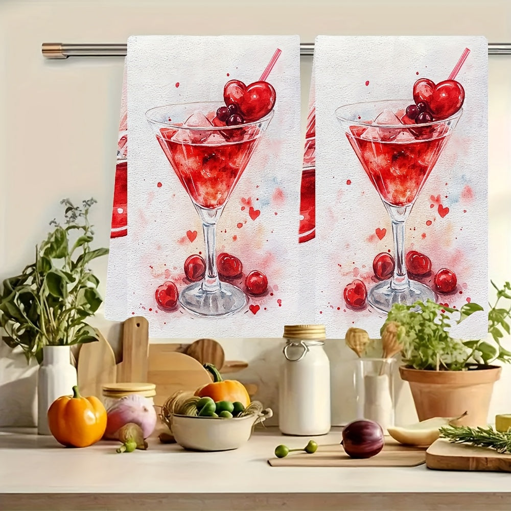 Set of 2 Ultra Soft Kitchen Towels Cherry Cocktail Design 40x60cm Absorbent
