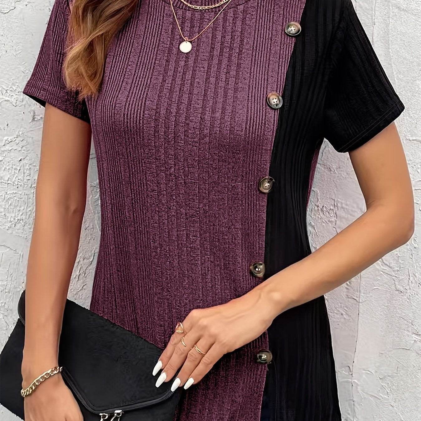 Women's Color-Block Button-Front Cardigan with Side Slit and Breathable Material