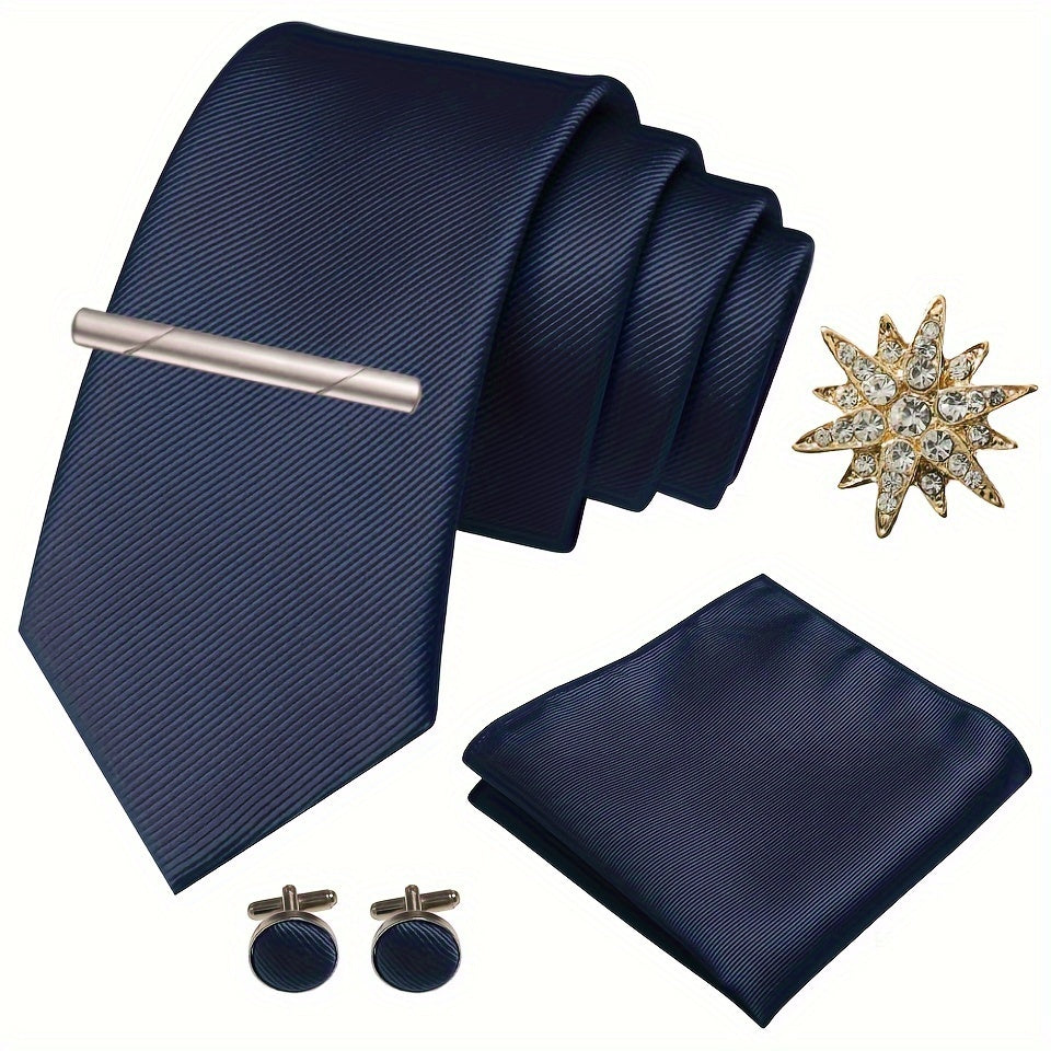Erkaklar uchun satinning twill galstuk to'plami, galstuk klipi, cho'ntak sharlari, manşet o'rashlar va brosh uchun rasmiy tadbirlar