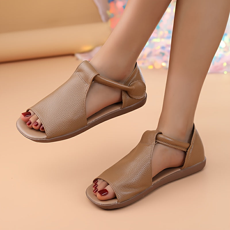 Women's Faux Leather Open-Toe Flat Sandals with Adjustable Strap Black