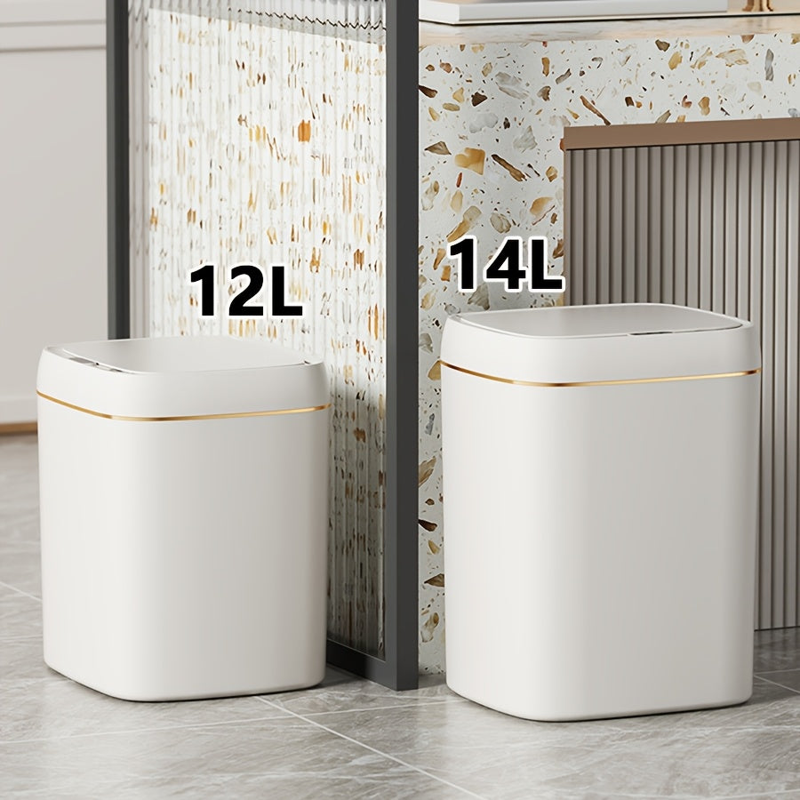 Infraqizil sensorli aqlli axlat qutisi, 12L/14L sig‘imi, batareya bilan ishlaydi, uy, ofis va maktab uchun ideal, jim operation, zamonaviy qopqoq uslubi, sumka ko‘rsatkichi.