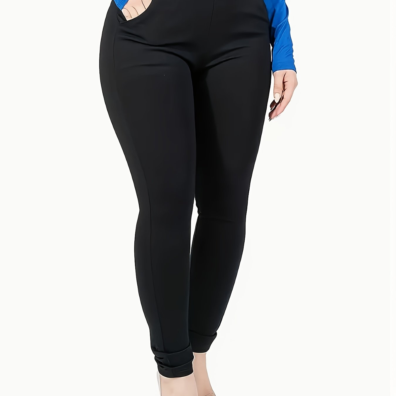 Plus Size Women's High-Waist Stretch Pants with Pockets Blue Casual Workout