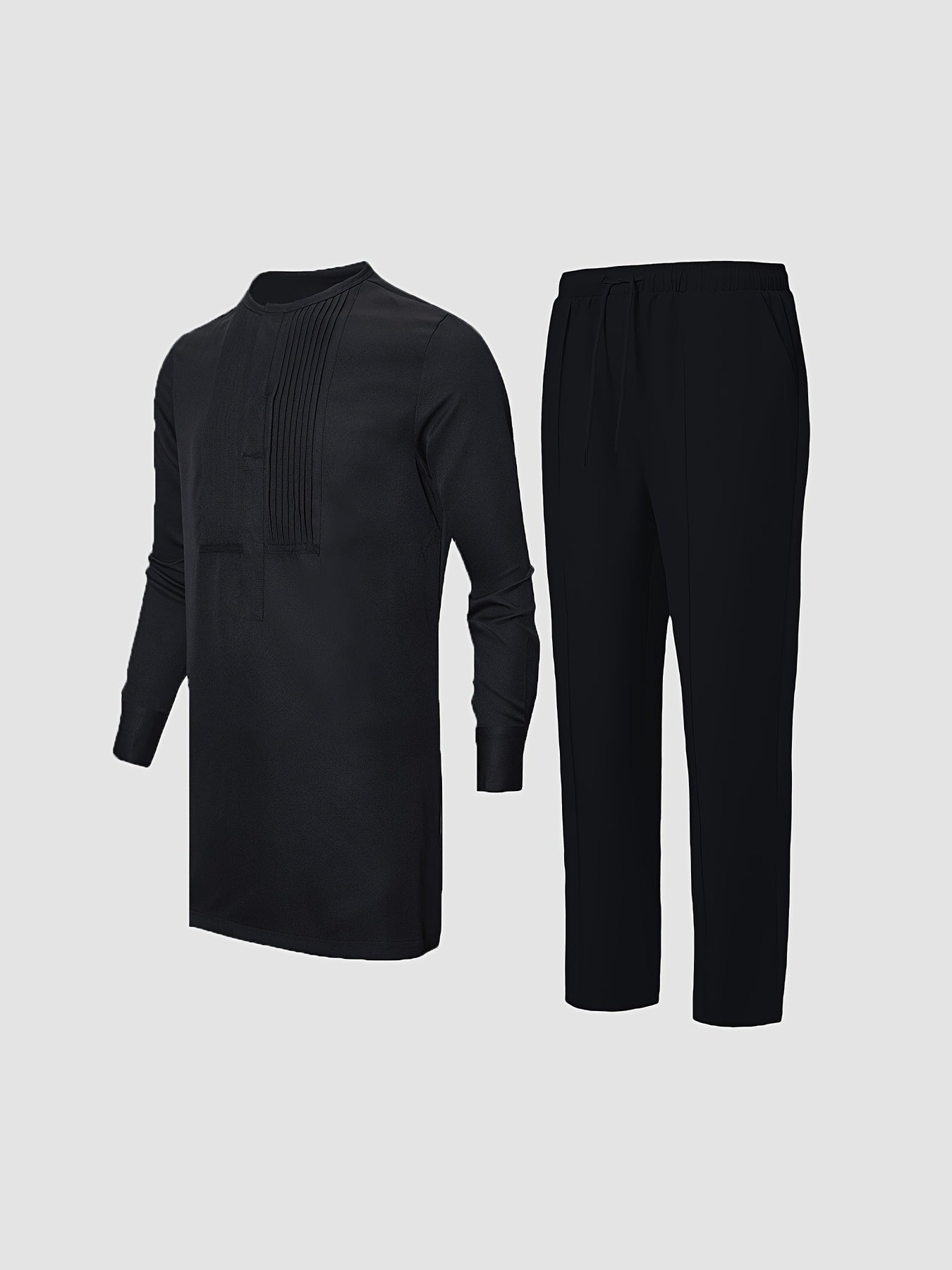 Men's Plus Size African Dashiki Set Long Sleeve Casual Black Polyester Pleats Drawstring Pants