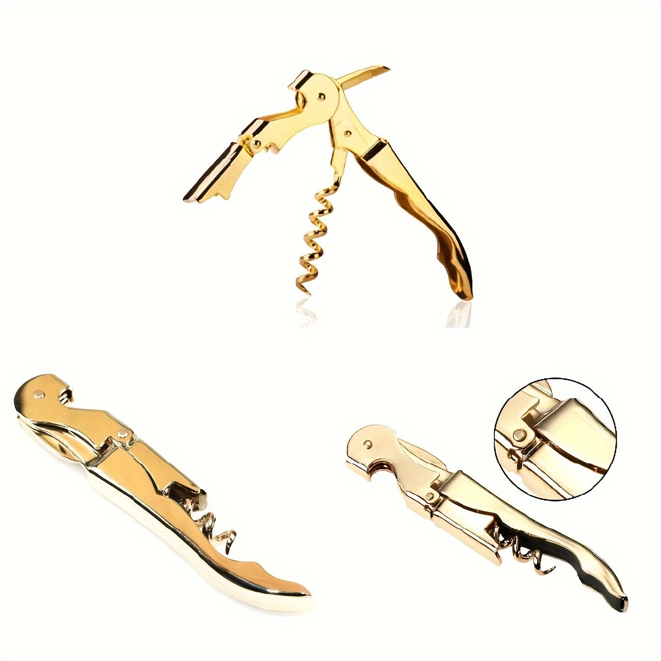 Gold-Toned Wine Opener with Serrated Knife and Double-Hinged Fulcrum