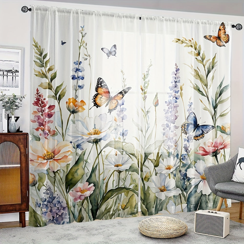 Cortinas de tul con estampado floral vibrante y mariposas para sala de estar o dormitorio poliéster semi-transparente