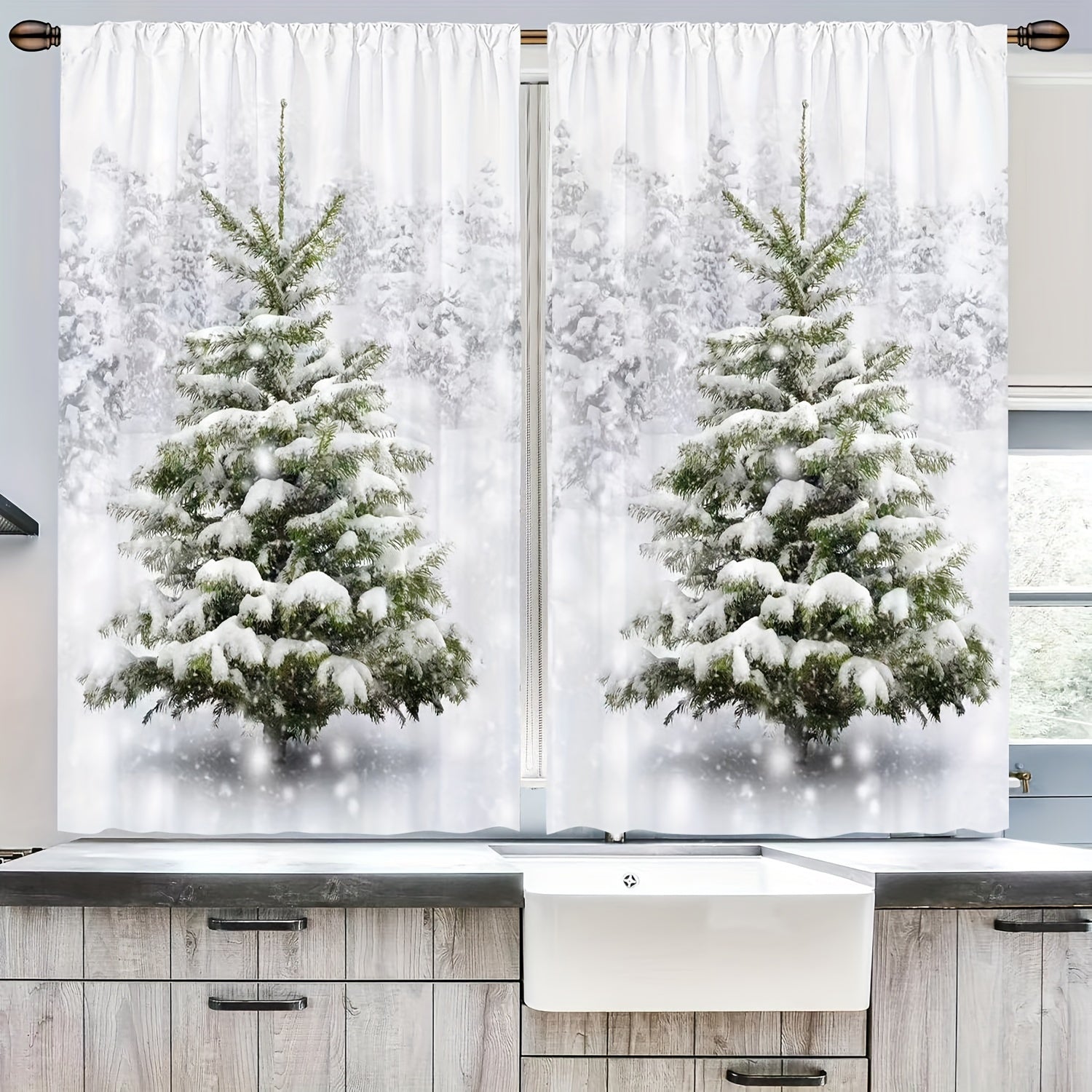Juego de 2 cortinas verdes navideñas para café con diseño de árbol de pino y nieve, lavables en poliéster para sala de estar, cocina, oficina