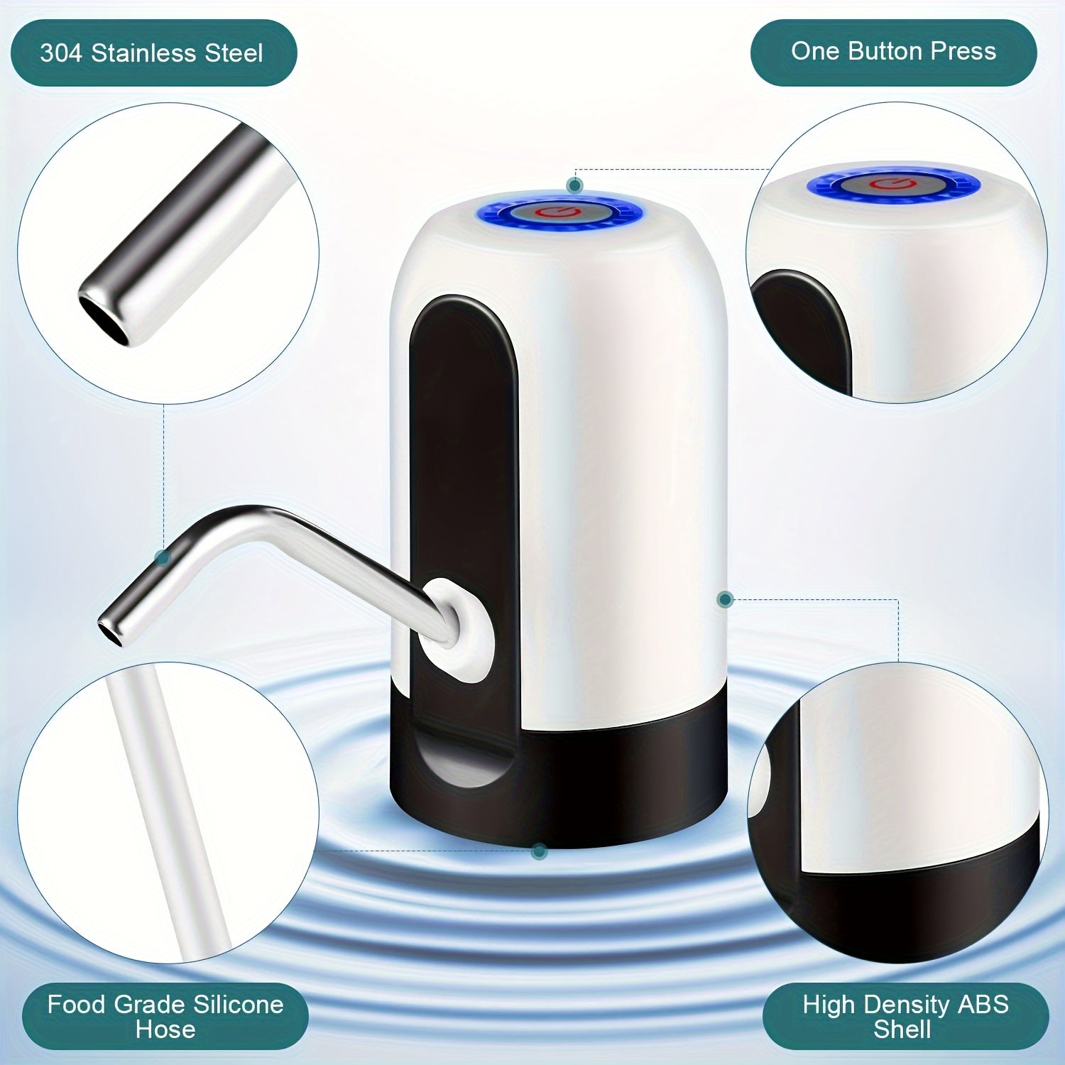 Rechargeable Electric Water Bottle Pump with Stainless Steel Spout and Silicone Hose