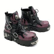 Ayollar uchun qalin platformali punk botlar yuqori top bilan, laces va zippers bilan, to'q rang va qora