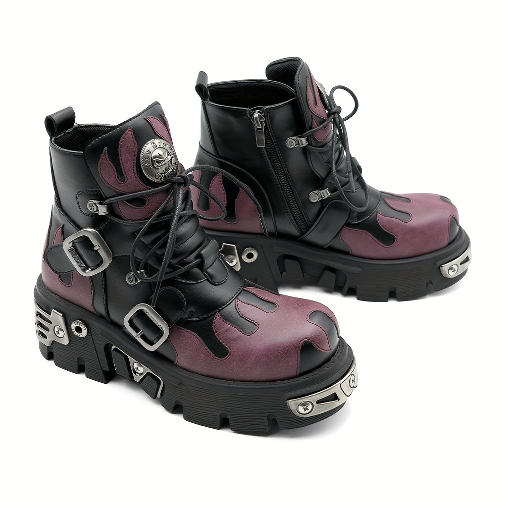 Ayollar uchun qalin platformali punk botlar yuqori top bilan, laces va zippers bilan, to'q rang va qora