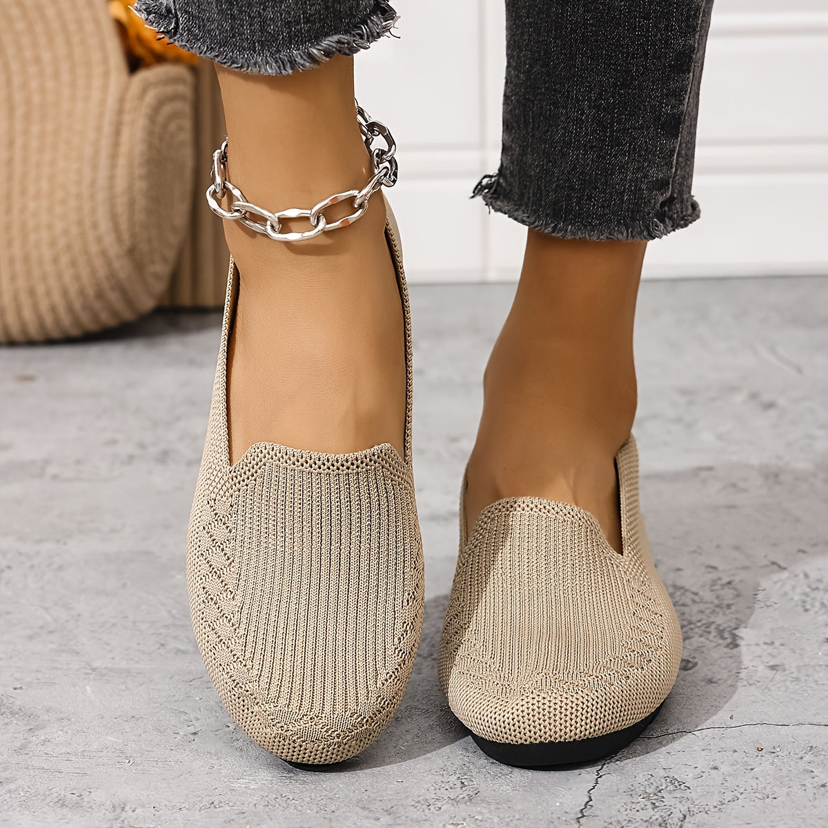 Women's Knit Slip-On Loafers Breathable Red All-Season Shoes