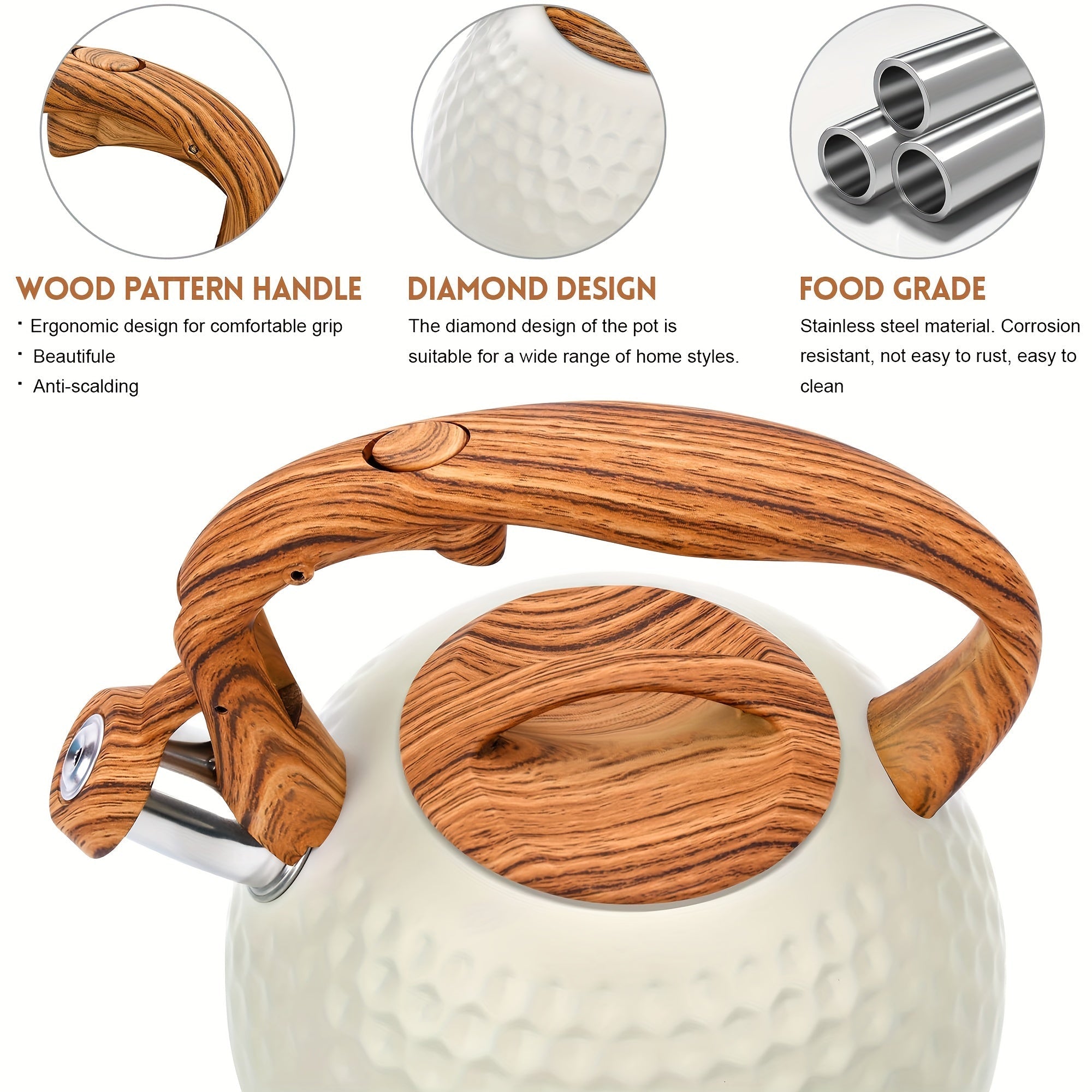 Stainless Steel Tea Kettle with Wooden Handle, Loud Whistle, Induction Compatible