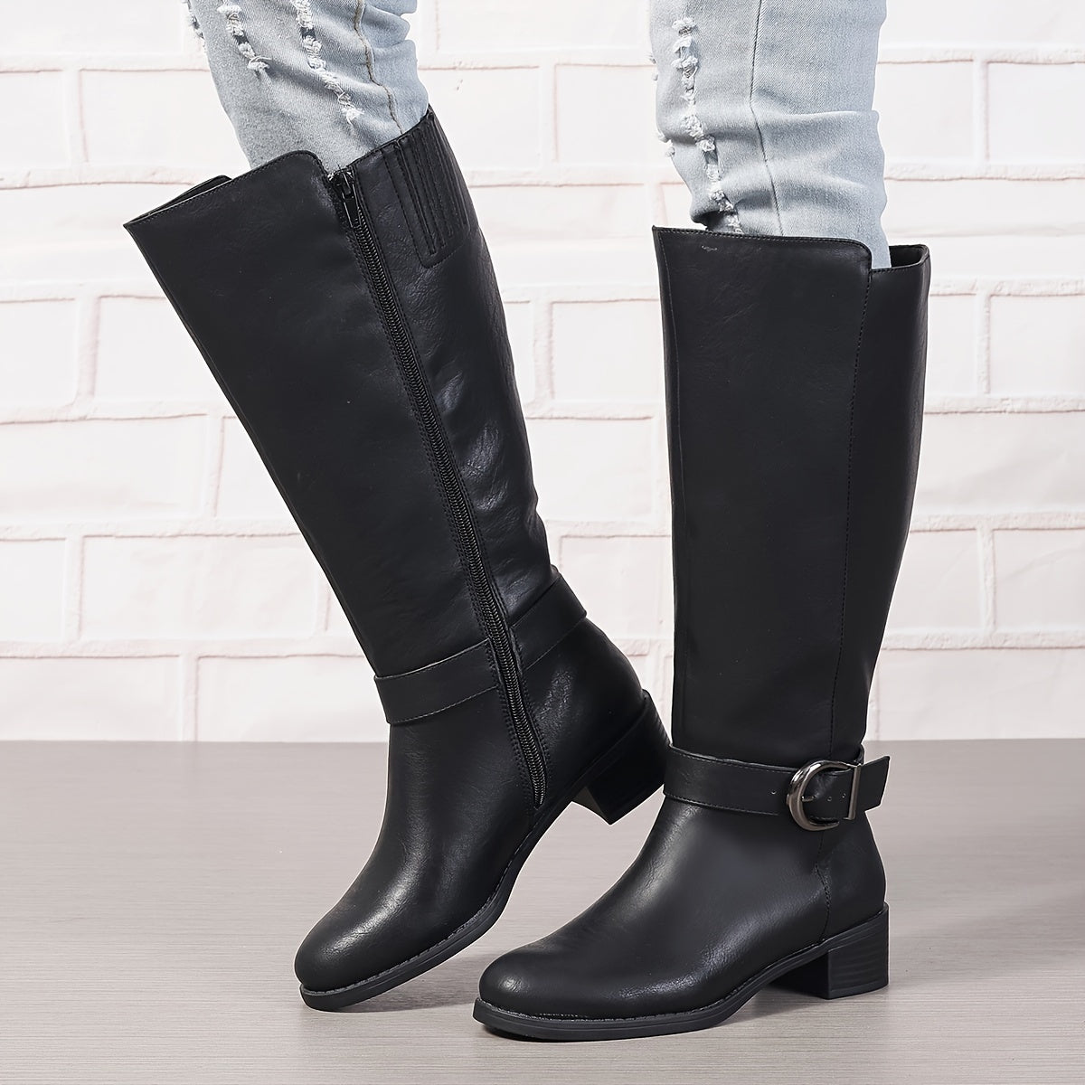 Women's Black Mid-Calf Cover Boots with Chunky Heel and Side Zipper